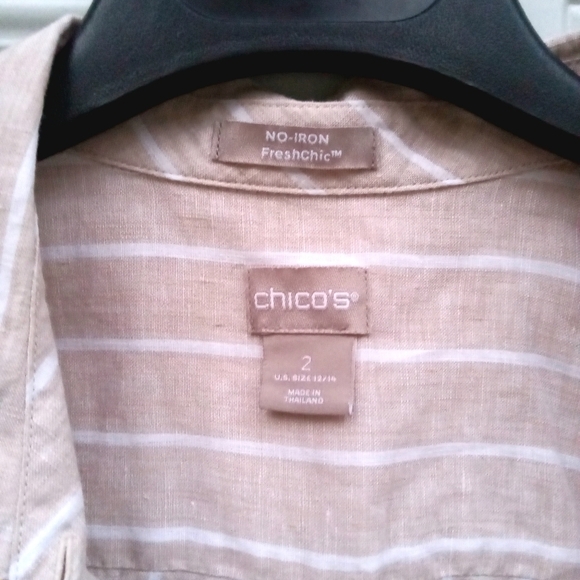 Chico's 100% Linen Tan White Striped FreshChic Non Iron Button Up Size 2 12/14 L - Picture 4 of 9